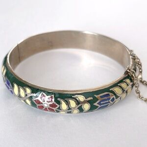 Vintage Thai Floral Cloisonne Cobalt Hinged Silver Bangle Bracelet